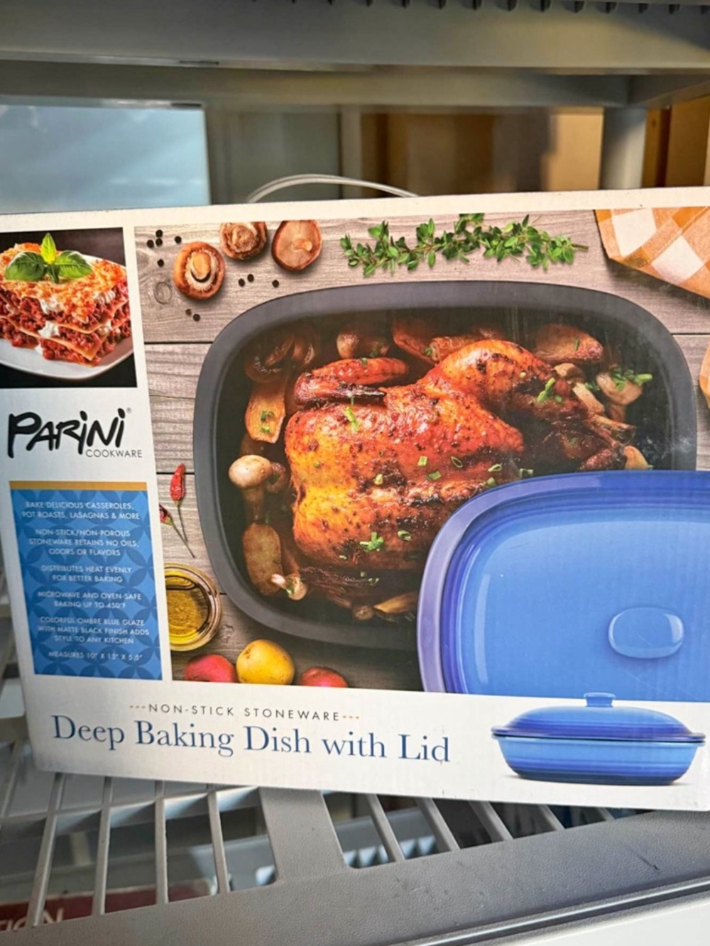 Parini Non-Stick Stoneware Deep Baking Dish with Blue Lid